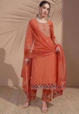 Rust Embroidered Polyester Kurta Set