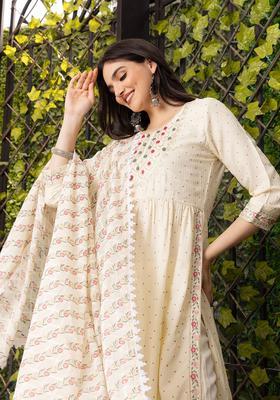 Off White Embroidered Cotton Kurta Set