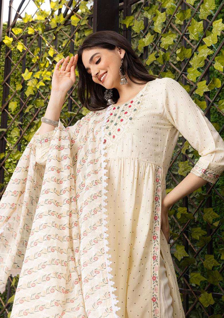 Off White Embroidered Cotton Kurta Set - Indya