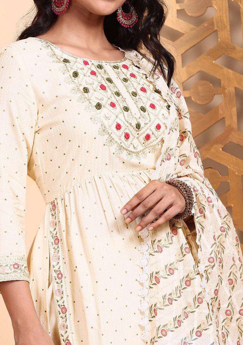 Off White Embroidered Cotton Kurta Set - Indya