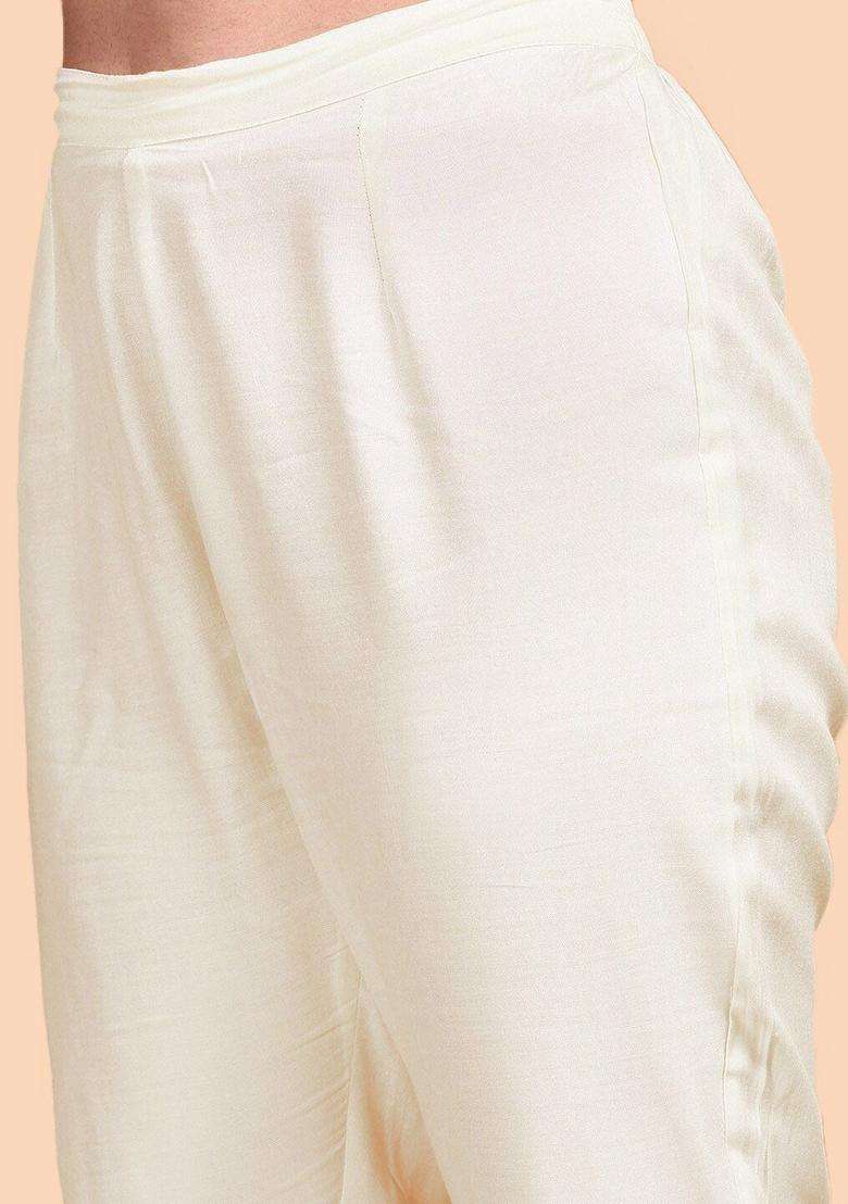 Off White Embroidered Cotton Kurta Set - Indya
