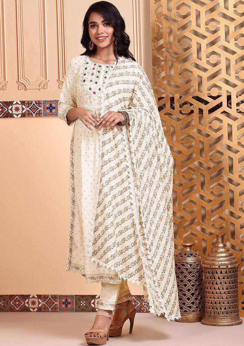Off White Embroidered Cotton Kurta Set - Indya