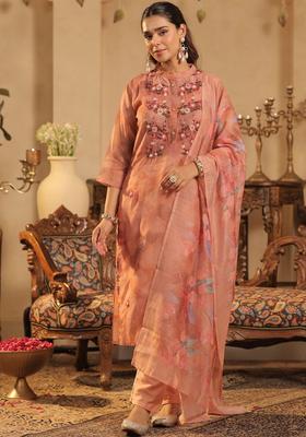 Peach Embroidered Cotton Kurta Set