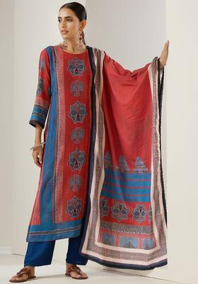 Red Printed Silk Kurta Set