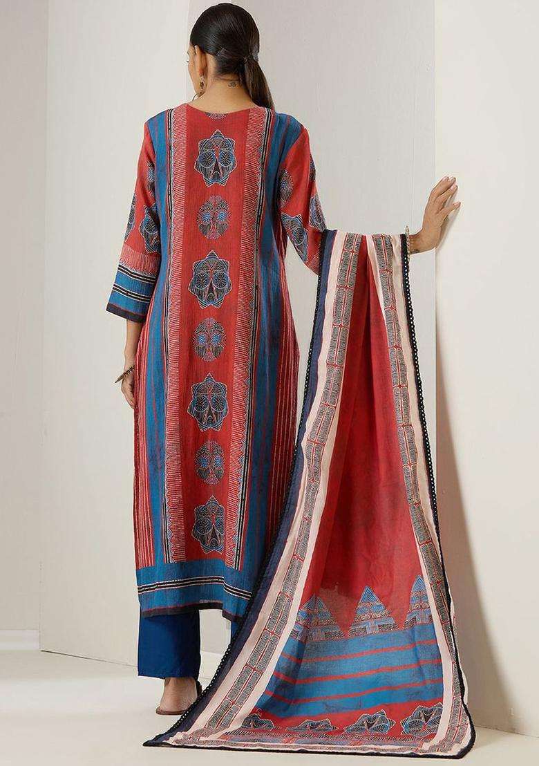 Red Printed Silk Blend Kurta Set - Indya