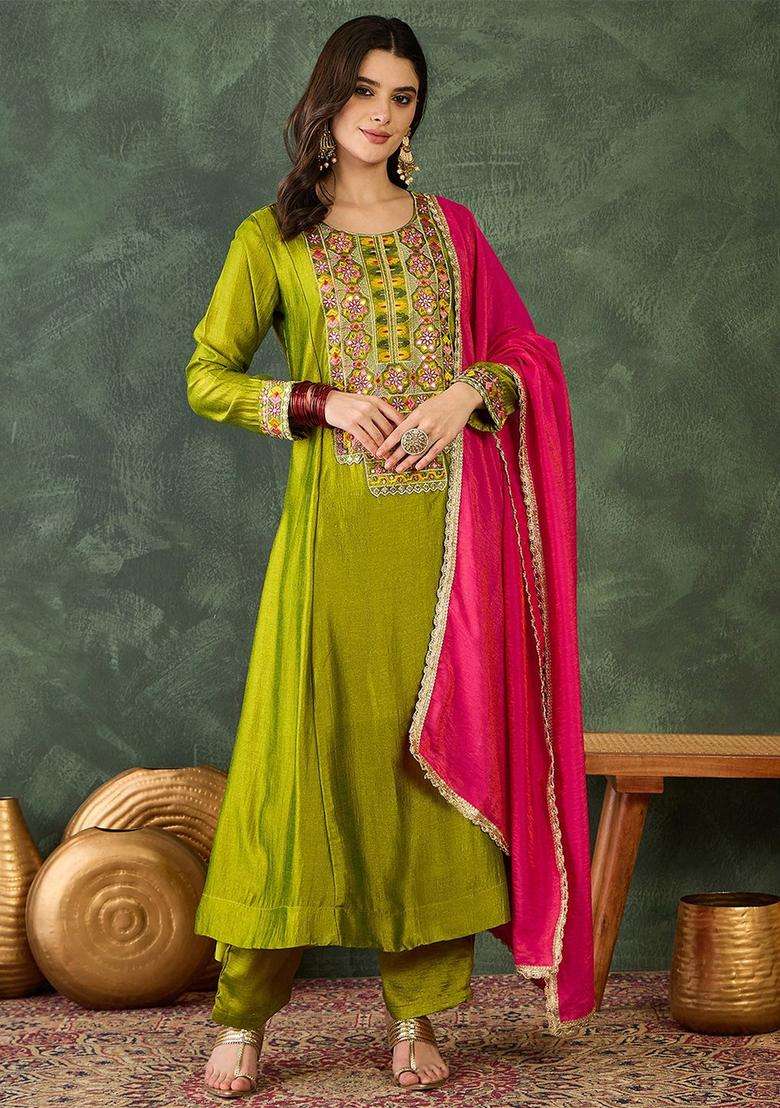 Lime Green Embroidered Silk Blend Kurta Set - Indya