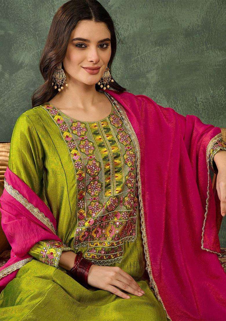 Lime Green Embroidered Silk Blend Kurta Set - Indya