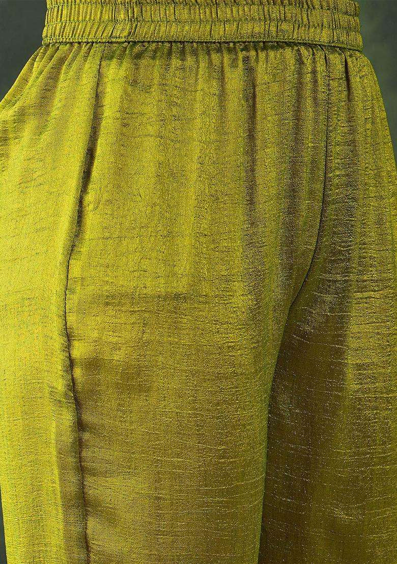 Lime Green Embroidered Silk Blend Kurta Set - Indya