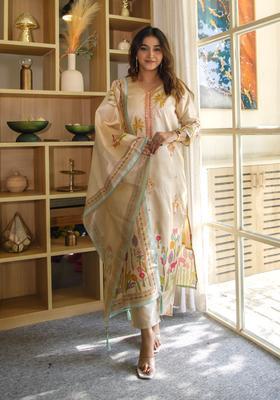 Cream Embroidered Silk Blend Kurta Set