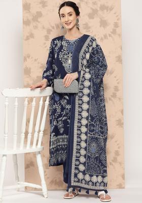 Navy Blue Printed Viscose Kurta Set