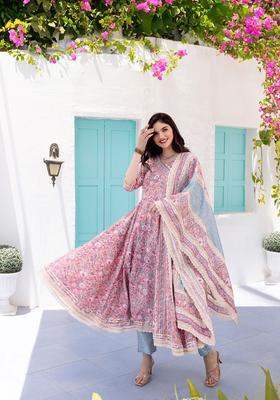 Pink Printed Cotton Anarkali Set