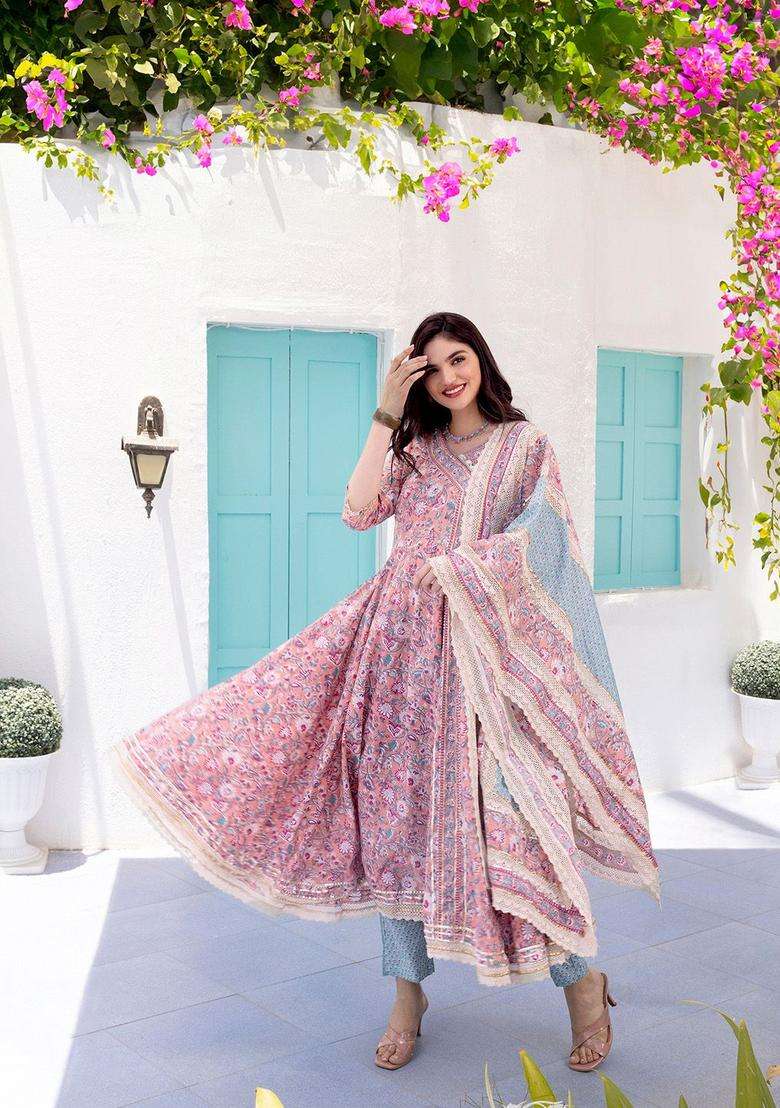 Pink Printed Cotton Anarkali Set - Indya