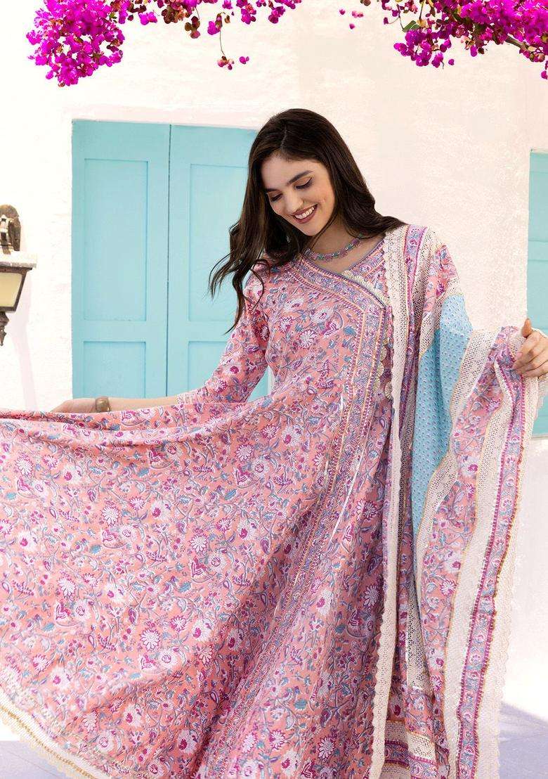 Pink Printed Cotton Anarkali Set - Indya