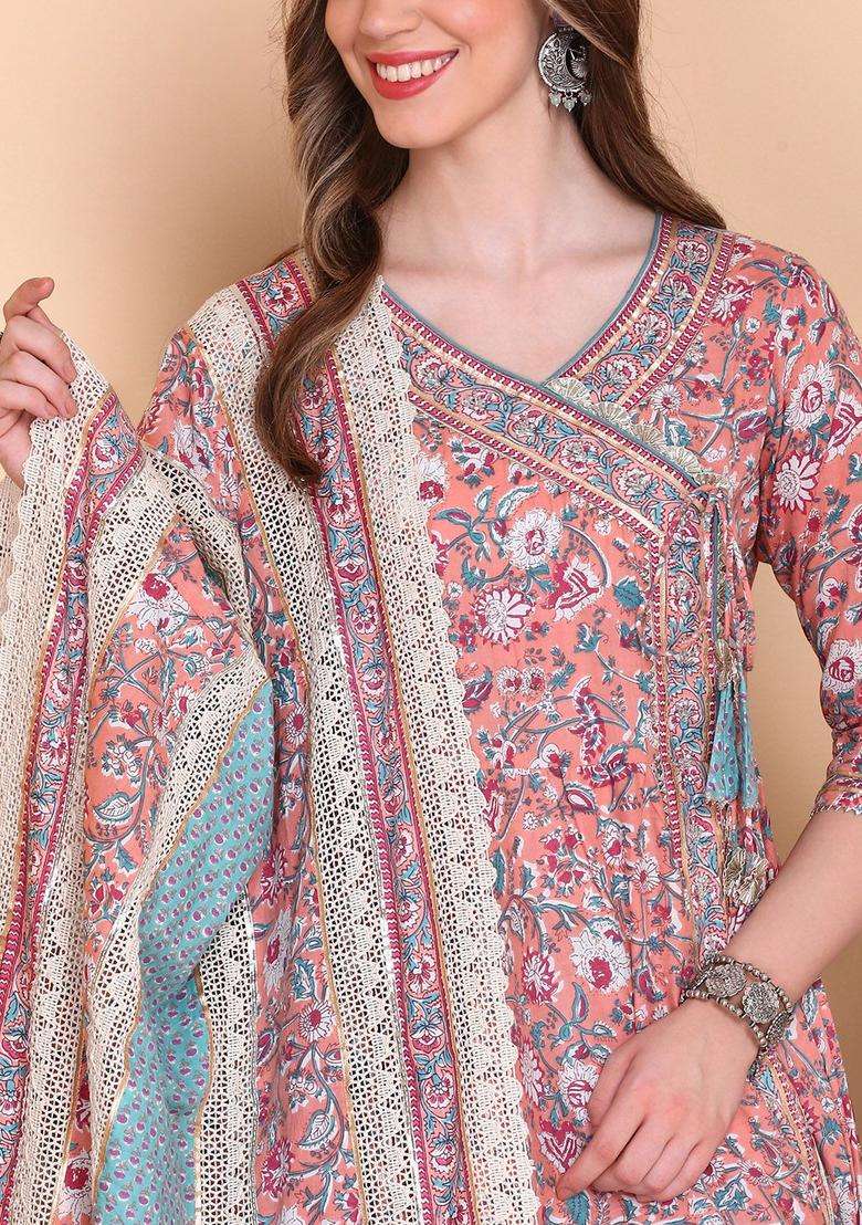 Pink Printed Cotton Anarkali Set - Indya