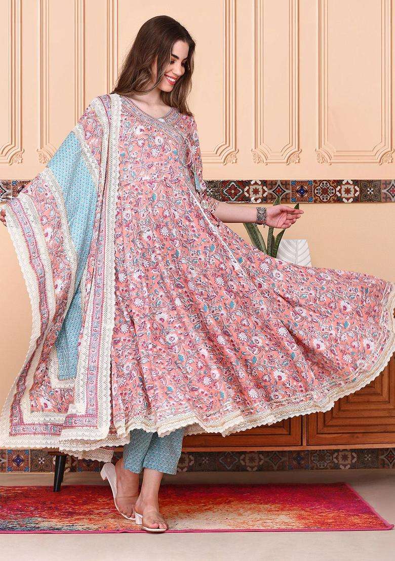 Pink Printed Cotton Anarkali Set - Indya
