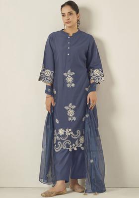 Navy Blue Embroidered Silk Kurta Set
