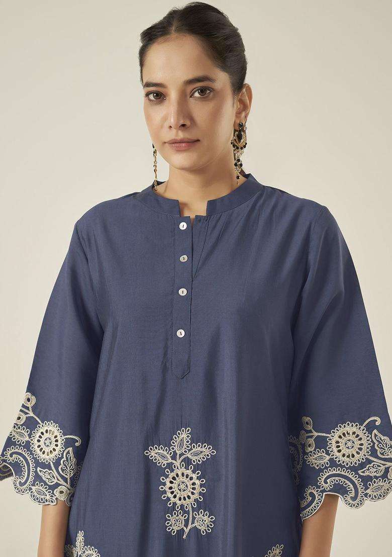 Navy Blue Embroidered Silk Blend Kurta Set - Indya