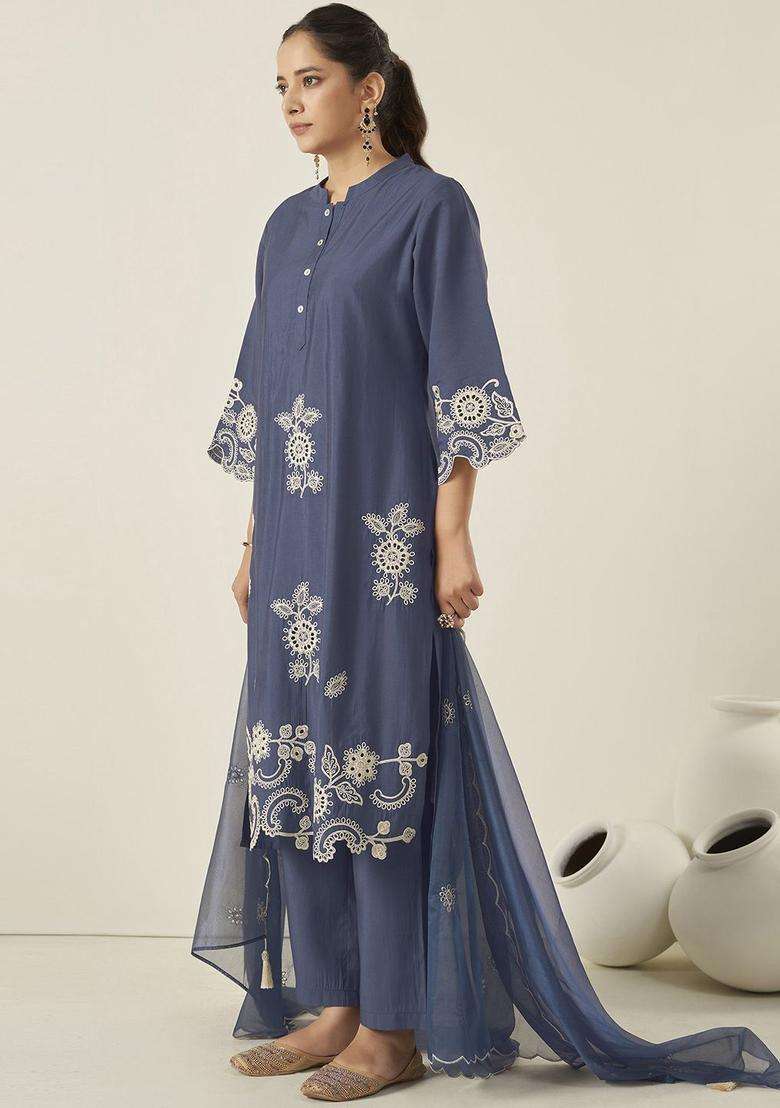 Navy Blue Embroidered Silk Blend Kurta Set - Indya