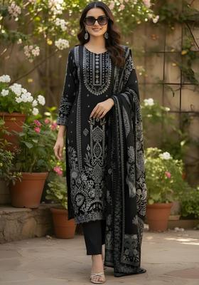 Black Printed Silk Blend Kurta Set