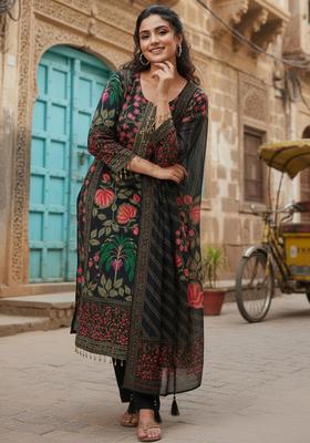 Black Printed Silk Blend Kurta Set