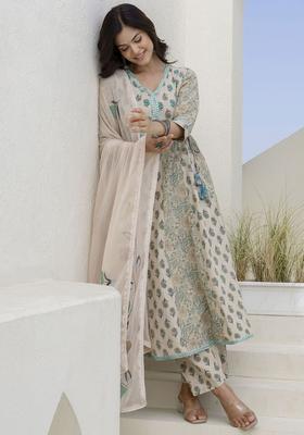 Cream Printed Cotton Kurta Set