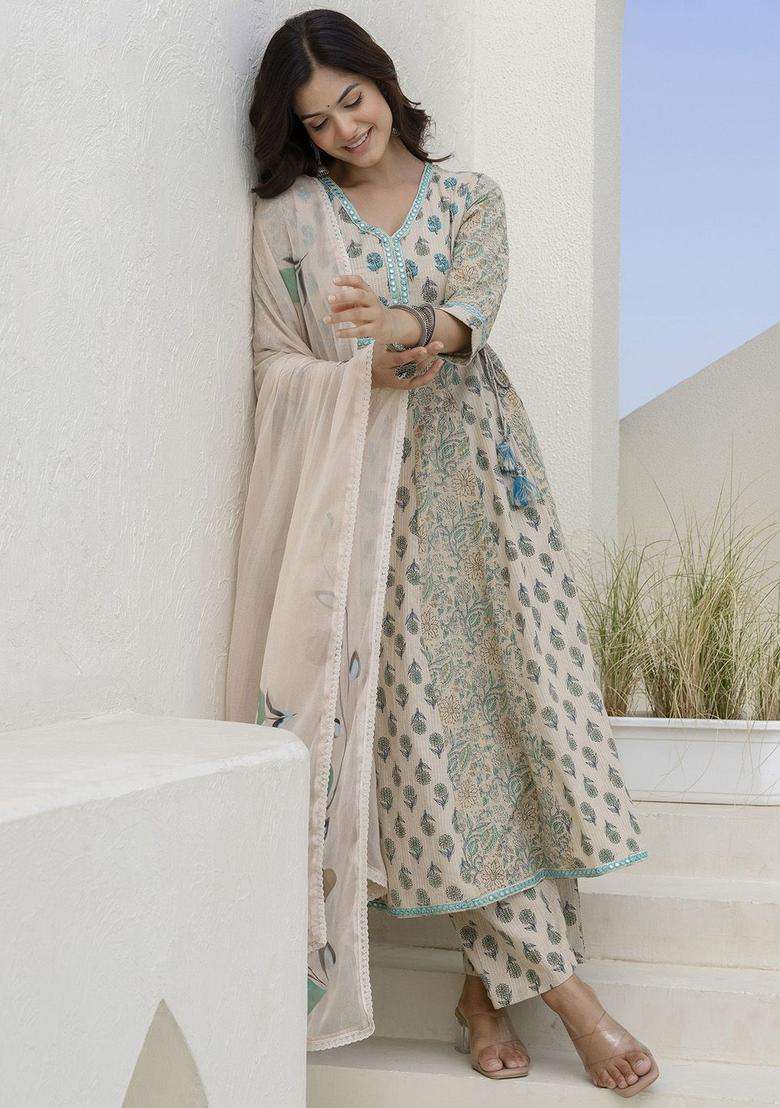Cream Printed Cotton Kurta Set - Indya