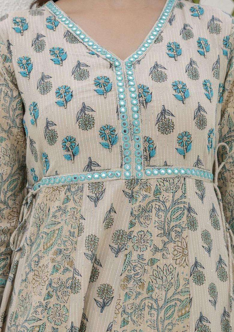 Cream Printed Cotton Kurta Set - Indya