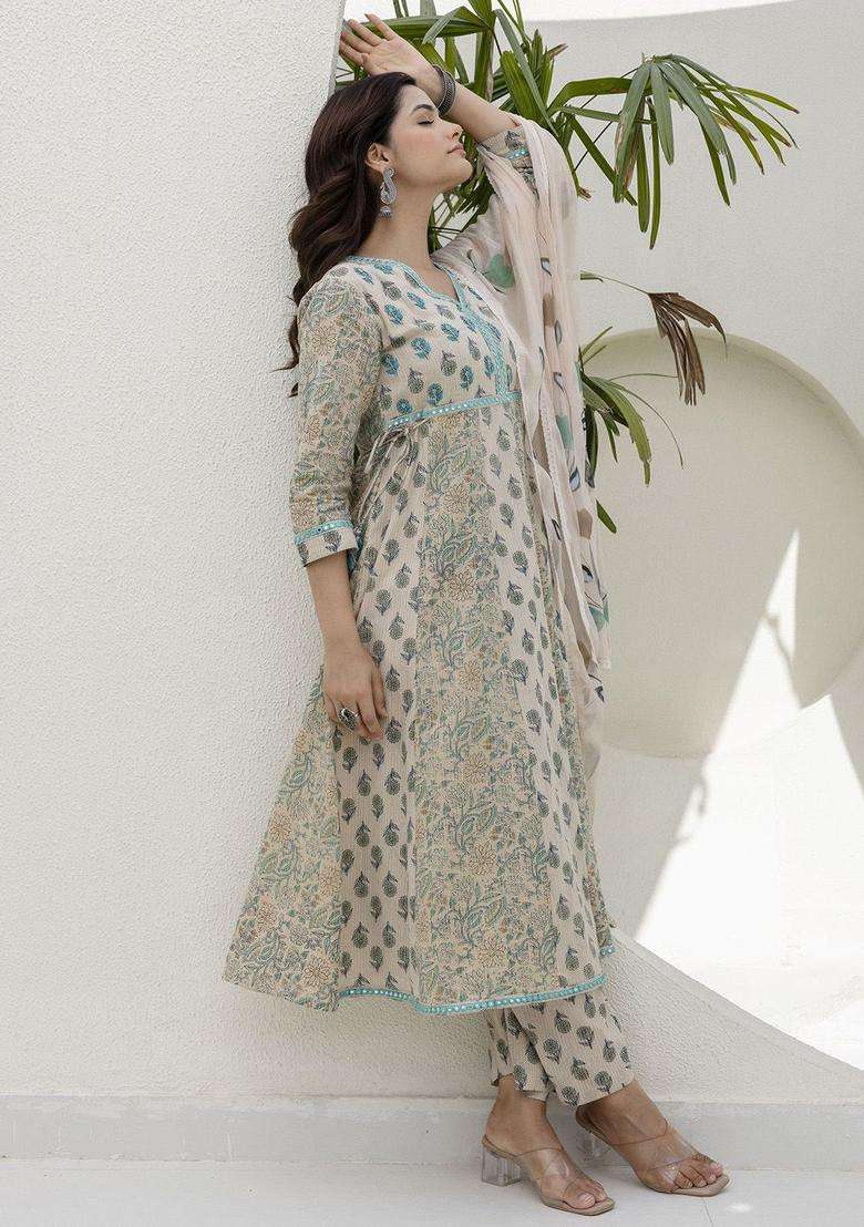 Cream Printed Cotton Kurta Set - Indya