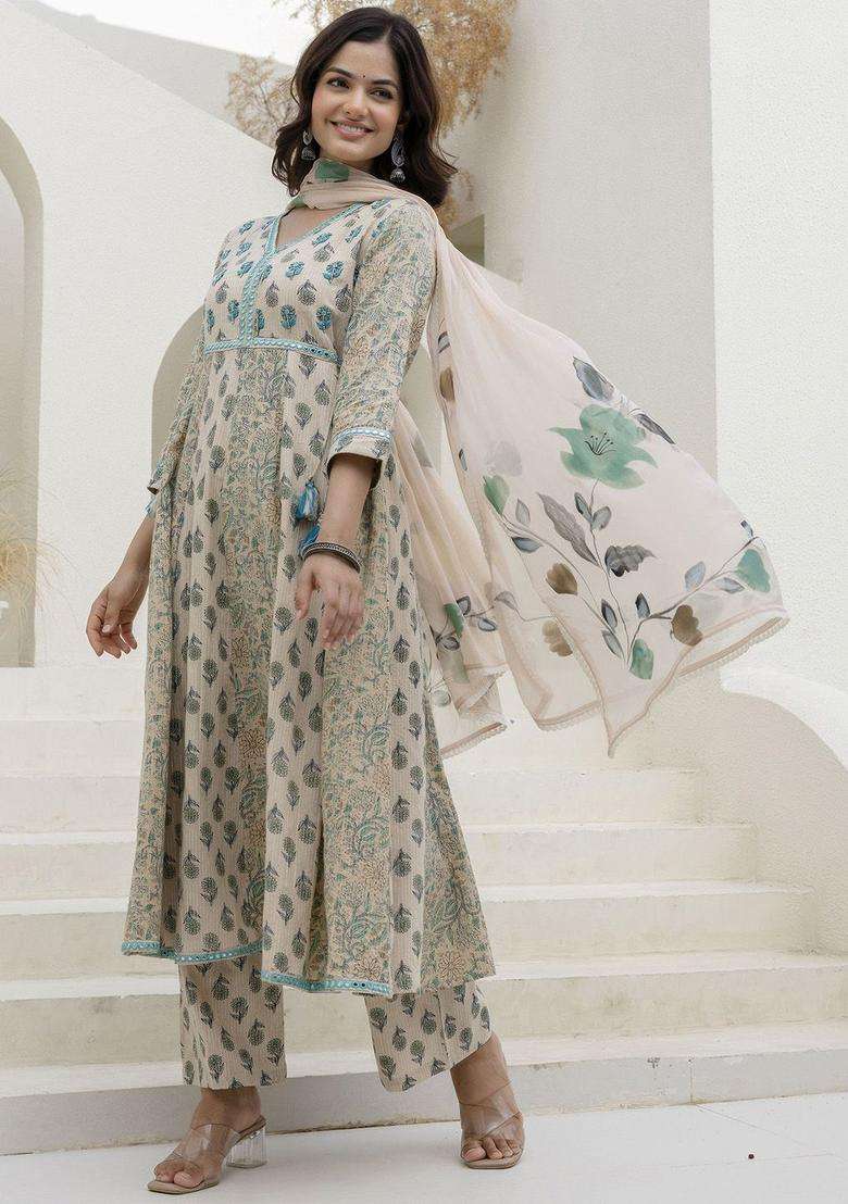 Cream Printed Cotton Kurta Set - Indya