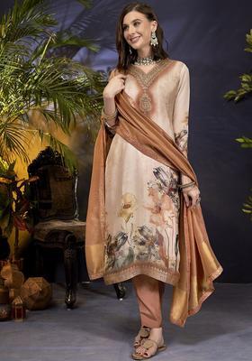 Brown Printed Organza Kurta Set