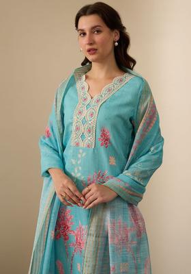 Turquoise Blue Printed Linen Kurta Set