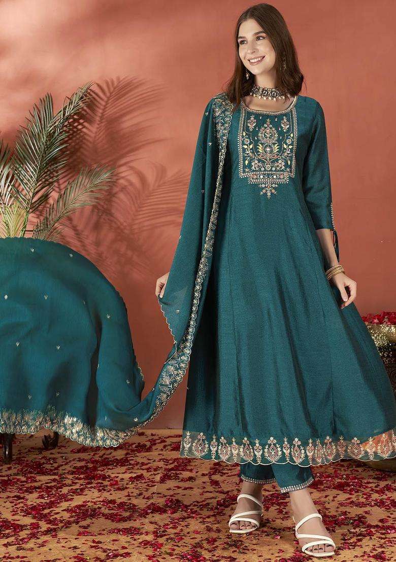 Teal Embroidered Silk Blend Anarkali Set - Indya