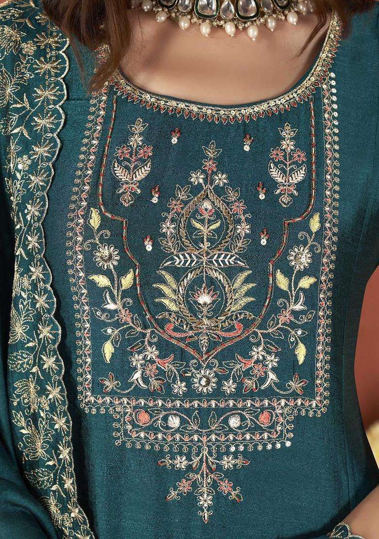 Teal Embroidered Silk Blend Anarkali Set - Indya