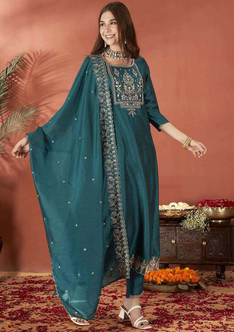 Teal Embroidered Silk Blend Anarkali Set - Indya