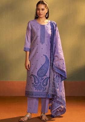 Lavender Printed Silk Kurta Set