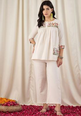 Off White Embroidered Cotton Kurta Set
