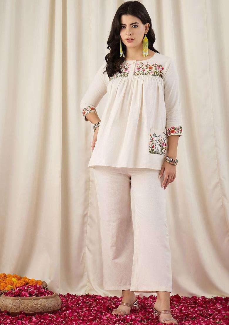 Off White Embroidered Cotton Kurta Set - Indya