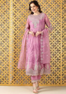 Purple Embroidered Organza Kurta Set