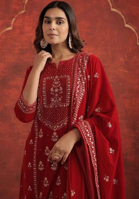 Red Embroidered Velvet Kurta Set