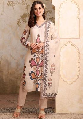 Cream Printed Linen Kurta Set