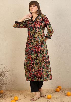 Black Printed Silk Blend Kurta Set