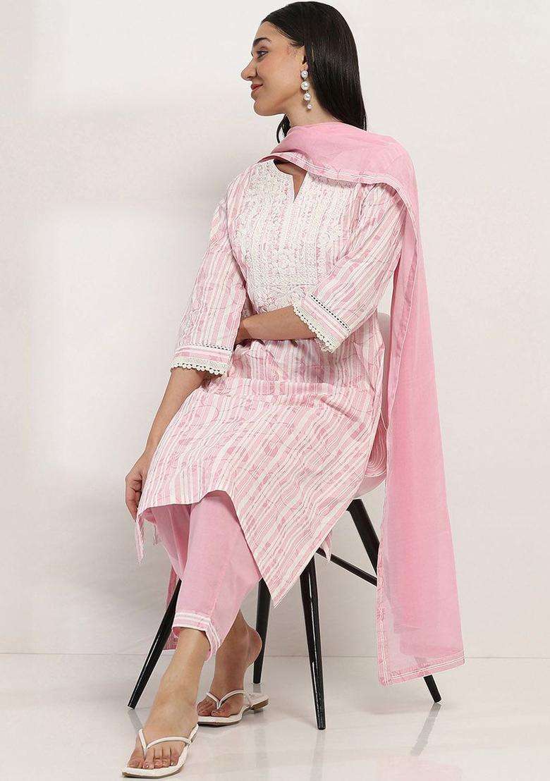 Pink Embroidered Cotton Kurta Set - Indya