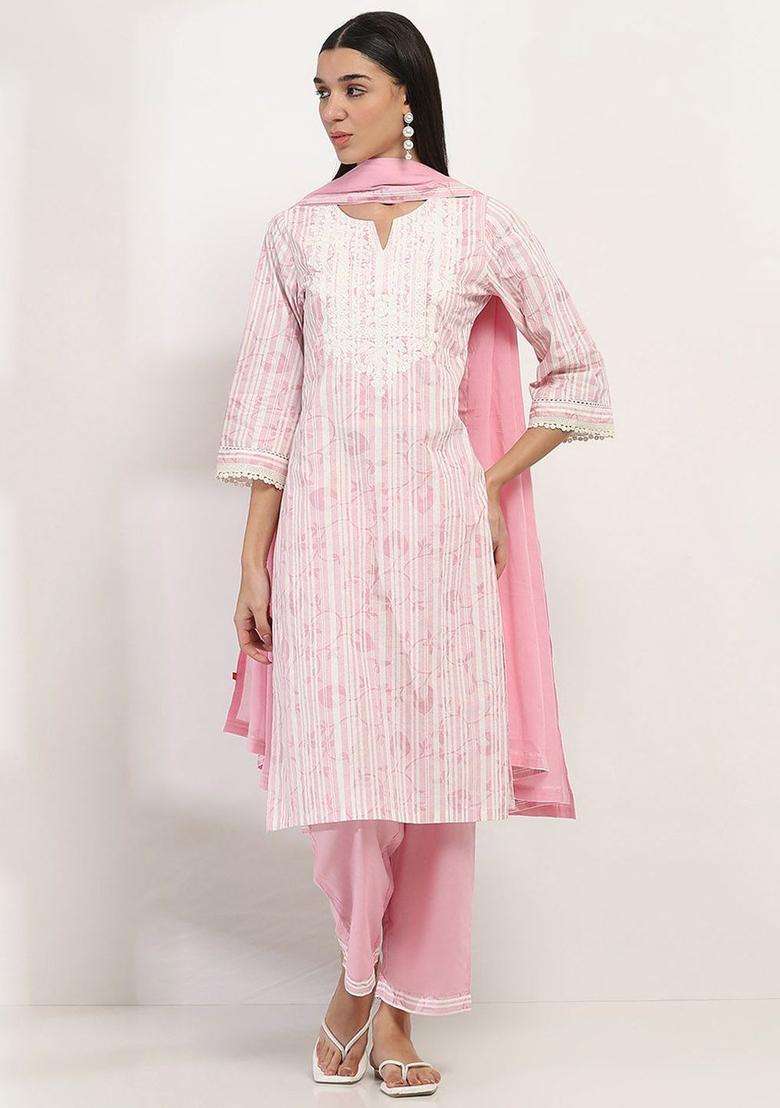 Pink Embroidered Cotton Kurta Set - Indya