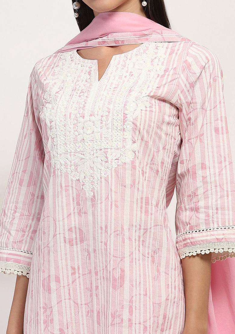 Pink Embroidered Cotton Kurta Set - Indya