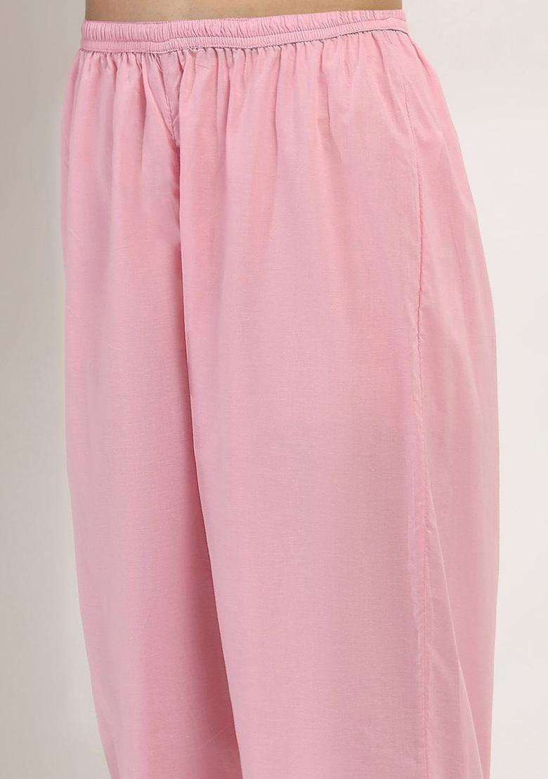 Pink Embroidered Cotton Kurta Set - Indya