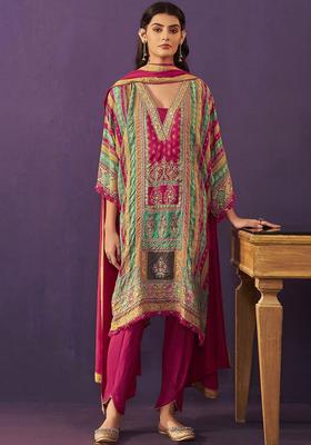 Pink Printed Silk Blend Kurta Set