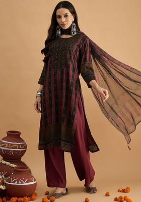 Maroon Printed Viscose Kurta Set