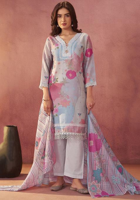 White Embroidered Linen Kurta Set — view on Indya