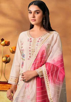 Cream Embroidered Silk Blend Kurta Set