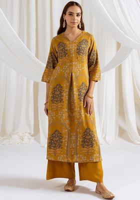 Mustard Printed Viscose Kurta Set
